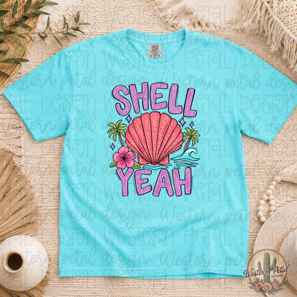 Shell Yeah Shirt, Beach Graphic Tee, Comfort Colors Lagoon Blue Shirt, Coastal Summer Tee, Cute Seashell Shirt, Vacation Graphic Tee