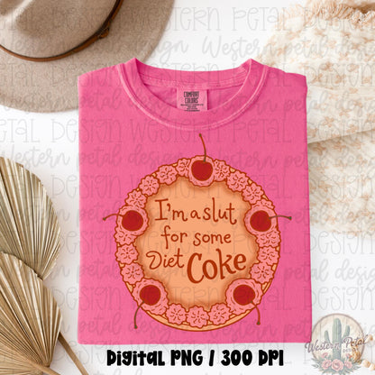Bright pink Comfort Colors shirt mockup featuring a hand drawn cherry pie graphic with funny Diet Coke quote in retro coquette style.
