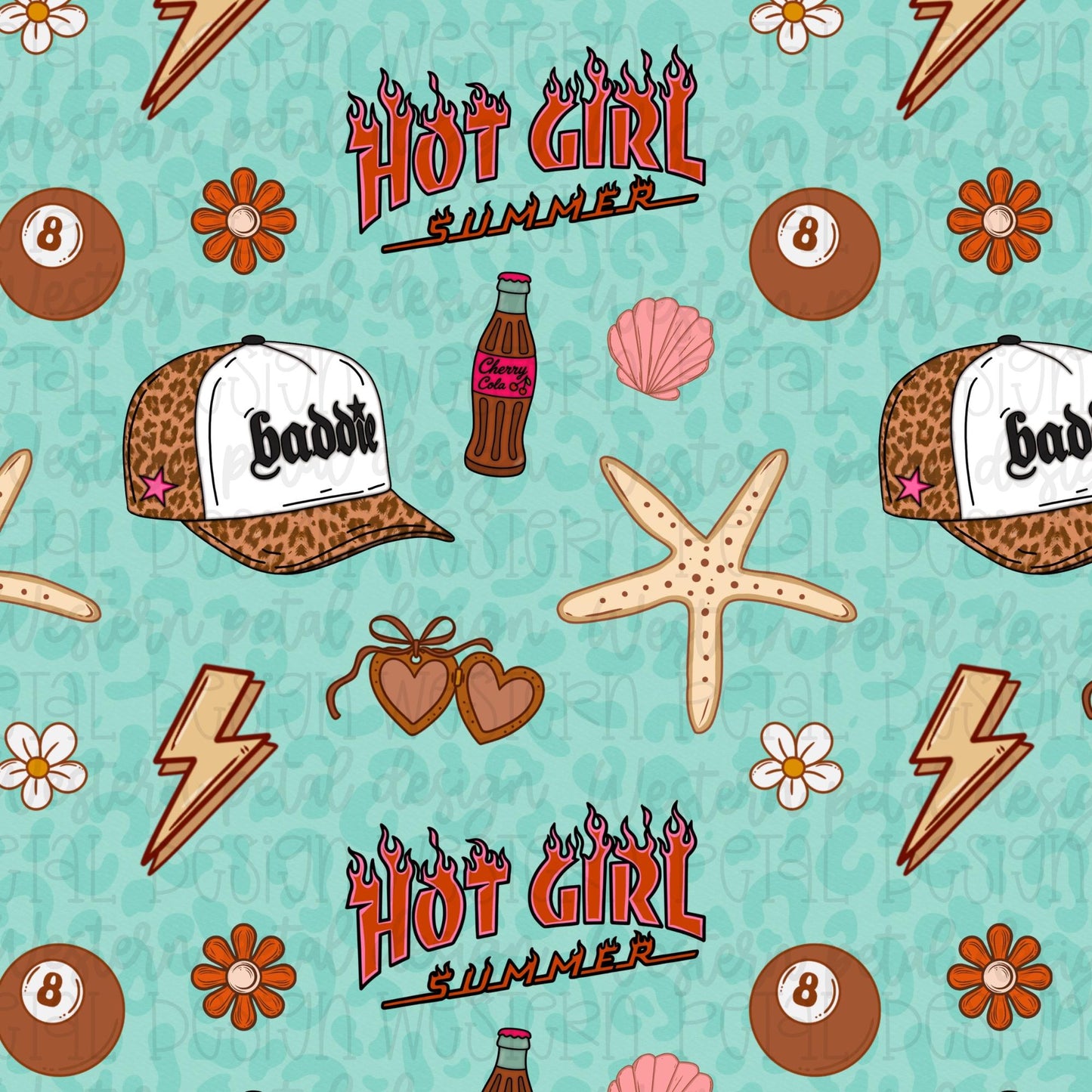 Trendy hot girl summer seamless pattern featuring leopard trucker hats, cherry cola bottles, starfish, lightning bolts, seashells, daisies, sunglasses, and retro typography on a turquoise background.