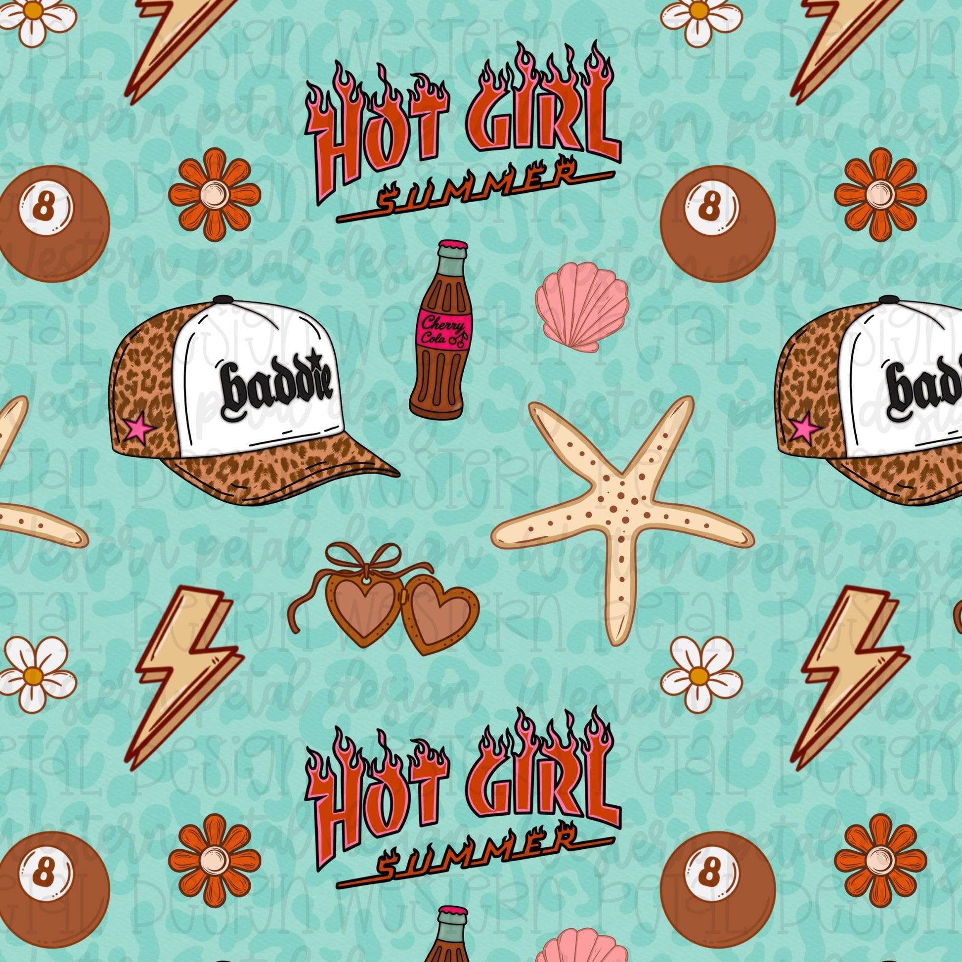 Trendy hot girl summer seamless pattern featuring leopard trucker hats, cherry cola bottles, starfish, lightning bolts, seashells, daisies, sunglasses, and retro typography on a turquoise background.
