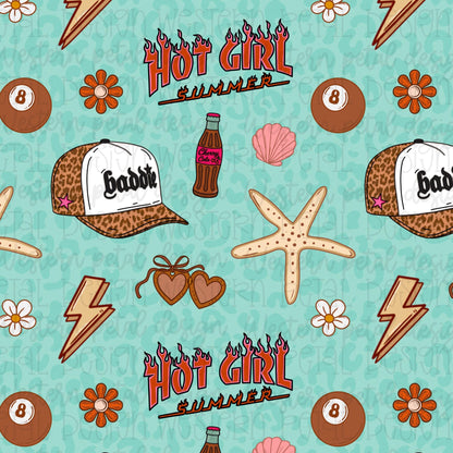 Trendy hot girl summer seamless pattern featuring leopard trucker hats, cherry cola bottles, starfish, lightning bolts, seashells, daisies, sunglasses, and retro typography on a turquoise background.