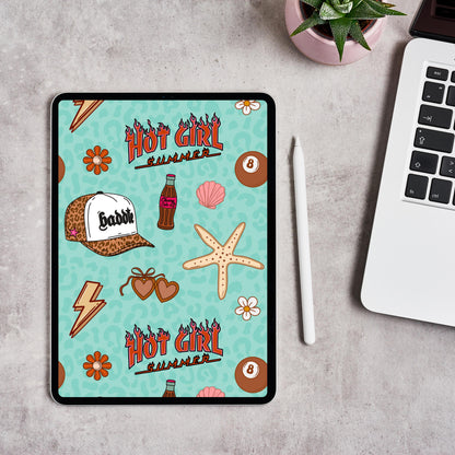 Hot Girl Summer Seamless Pattern PNG | Trendy Summer Coquette Digital Paper | Leopard Trucker Hat Beach Seamless | Retro Western Summer Back