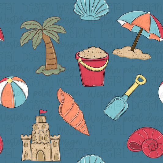 Blue coastal seamless pattern featuring palm trees, sandcastles, seashells, beach umbrellas, beach balls, shovels, and sand buckets on a dusty blue background.