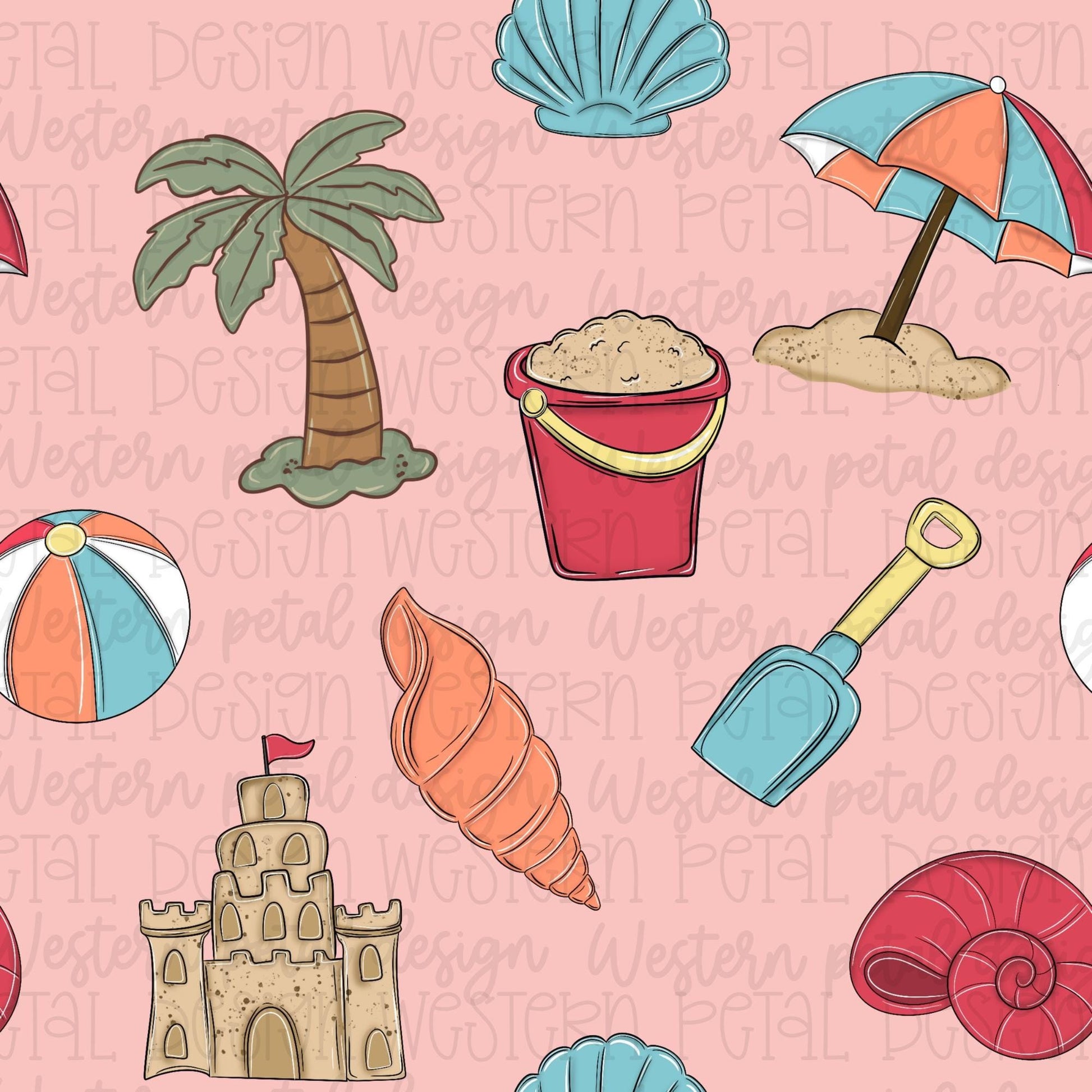 Pink beach seamless pattern featuring seashells, sandcastles, beach umbrellas, beach balls, palm trees, and summer coastal elements on a pink background.