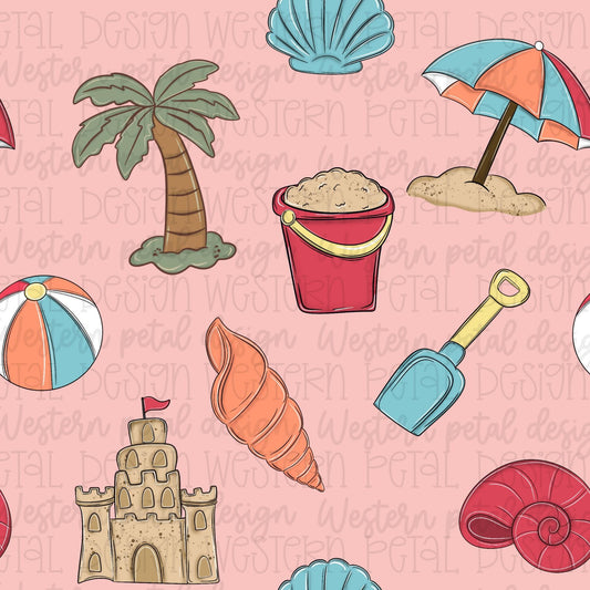 Pink beach seamless pattern featuring seashells, sandcastles, beach umbrellas, beach balls, palm trees, and summer coastal elements on a pink background.