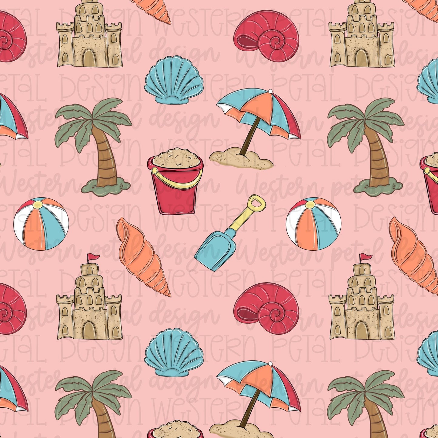 Pink Beach Seamless Pattern PNG | Coastal Summer Digital Paper | Cute Beach Seamless Background | Palm Tree Sandcastle Summer Pattern