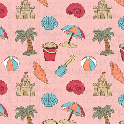 Pink Beach Seamless Pattern PNG | Coastal Summer Digital Paper | Cute Beach Seamless Background | Palm Tree Sandcastle Summer Pattern