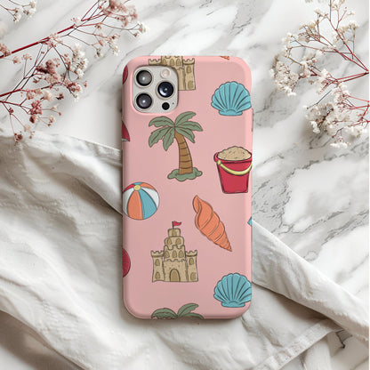 Pink Beach Seamless Pattern PNG | Coastal Summer Digital Paper | Cute Beach Seamless Background | Palm Tree Sandcastle Summer Pattern