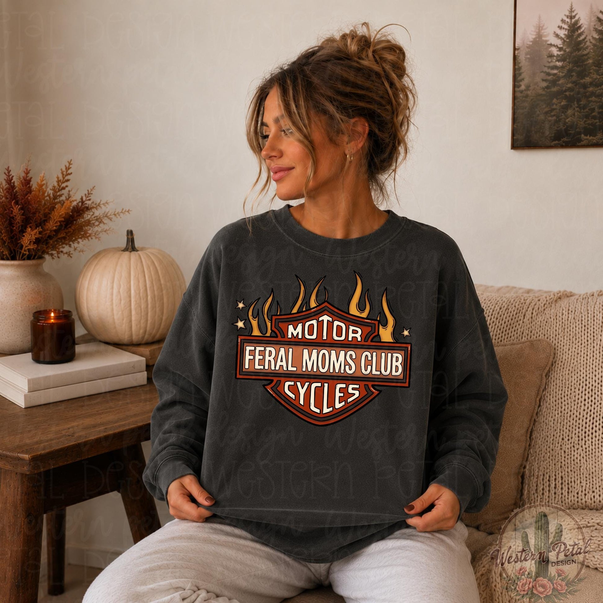 Motor Feral Moms Club PNG, Hand Drawn Motorcycle Mama Shirt Design, Biker Mom Sublimation Design, Retro Flame Graphic Tee PNG, Instant