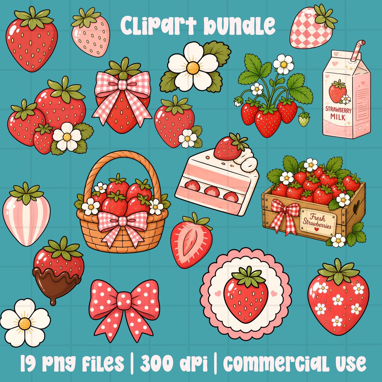 Cute strawberry clipart bundle featuring pink bows, strawberries, strawberry milk carton, cake slice, floral berries, basket of strawberries, and summer themed PNG graphics on a blue background.