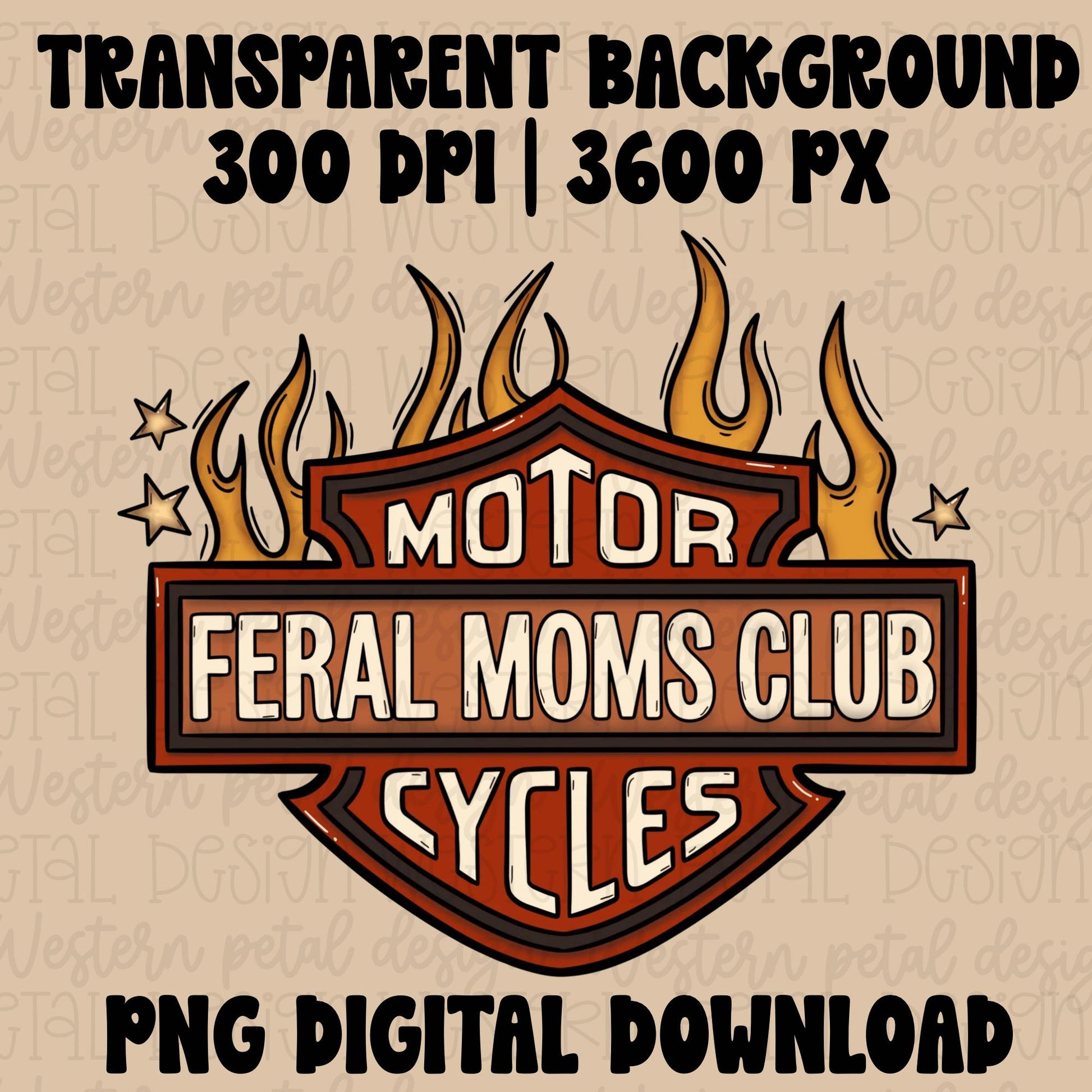 Hand drawn retro motorcycle inspired Feral Moms Club graphic with flames and bold western biker typography in red orange and cream colors on a beige background.