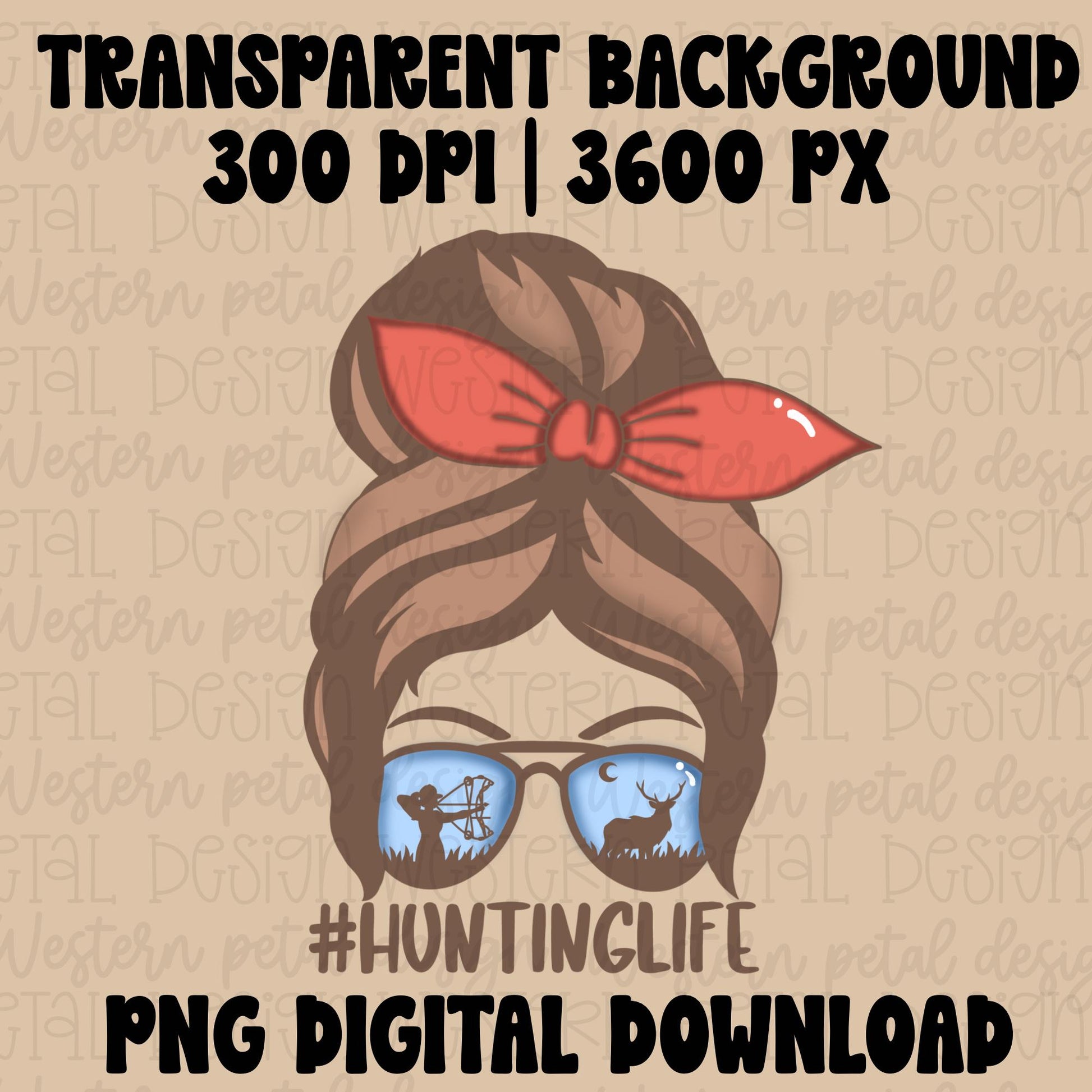 Messy bun hunting wife PNG design with deer reflection sunglasses and red bandana