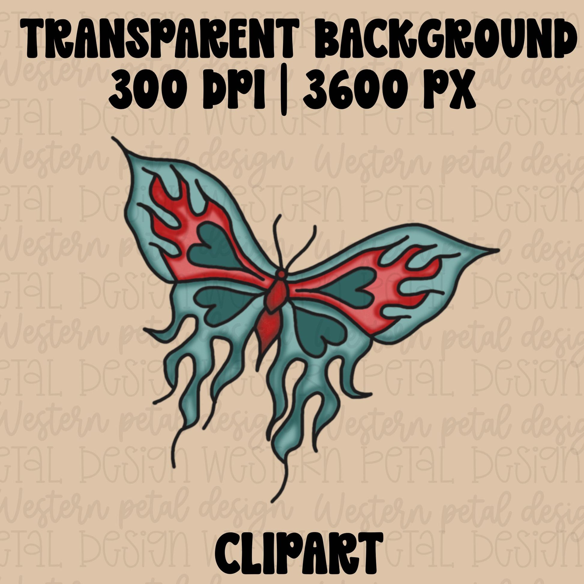 Hand drawn red and teal fire butterfly clipart with flowing wings and bold black outlines on neutral background.