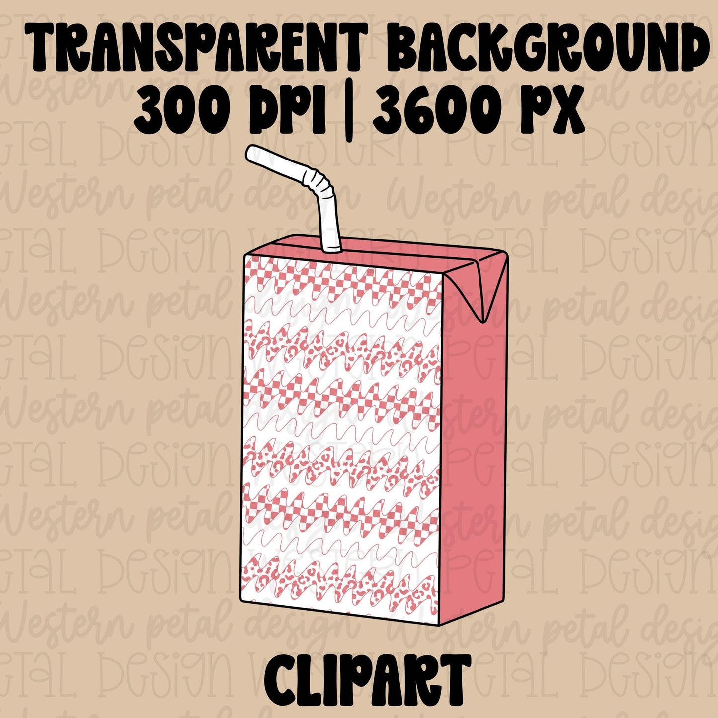 Hand drawn pink juice box clipart with checkerboard and leopard squiggle patterns in a trendy girly style.