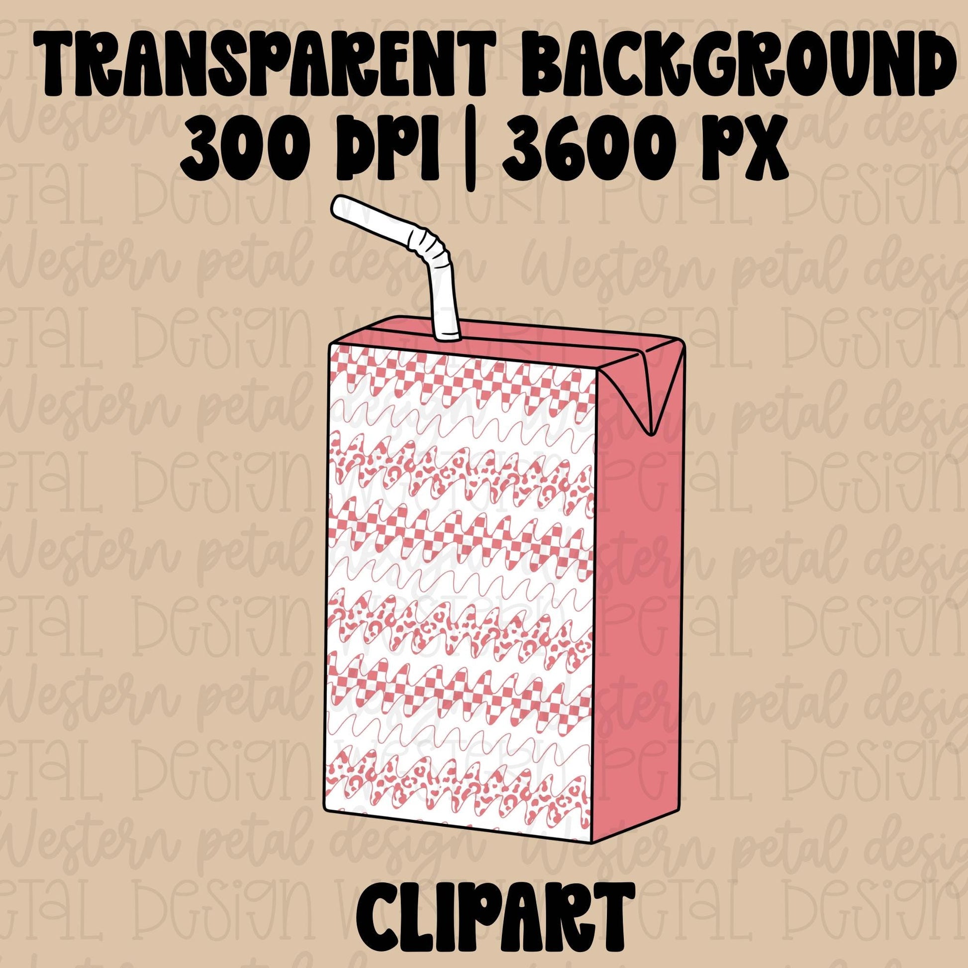 Hand drawn pink juice box clipart with checkerboard and leopard squiggle patterns in a trendy girly style.