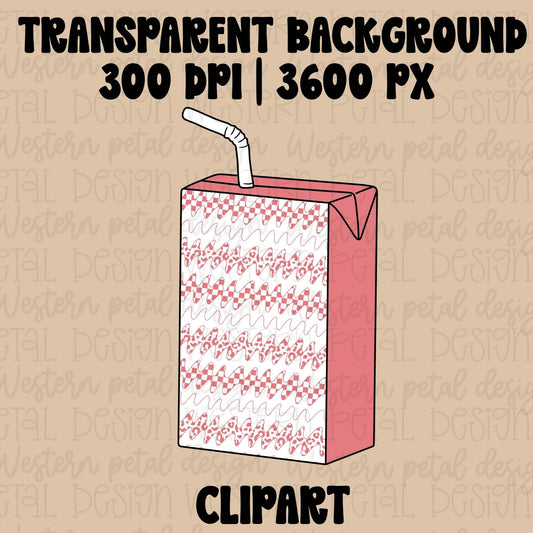 Hand drawn pink juice box clipart with checkerboard and leopard squiggle patterns in a trendy girly style.