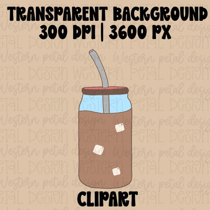 Hand drawn iced coffee clipart with a straw and ice cubes in a trendy flat color aesthetic style.