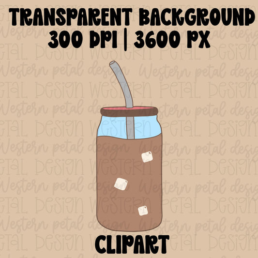 Hand drawn iced coffee clipart with a straw and ice cubes in a trendy flat color aesthetic style.