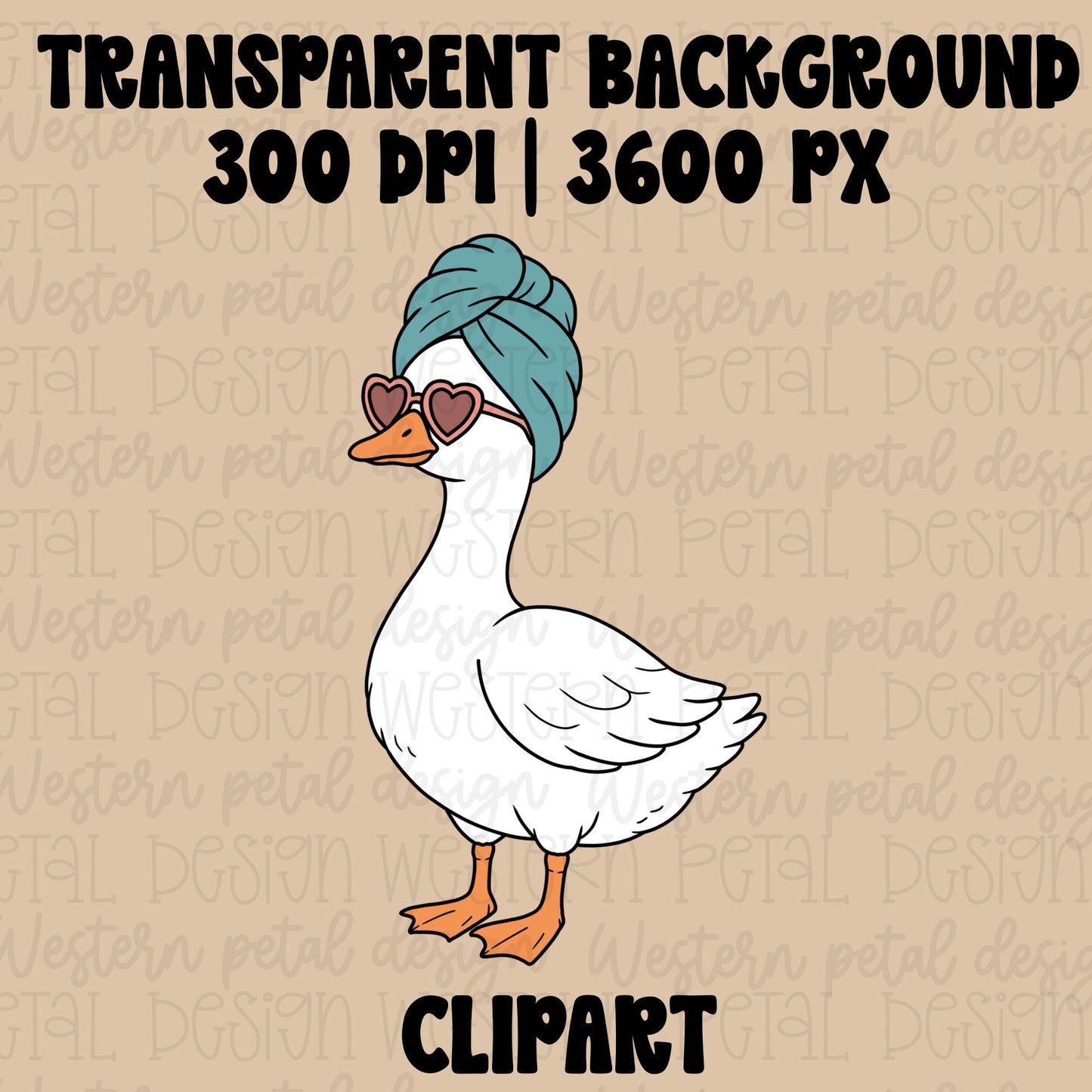 Hand drawn white goose clipart wearing a blue towel wrap and pink heart sunglasses in a trendy girly spa aesthetic style.