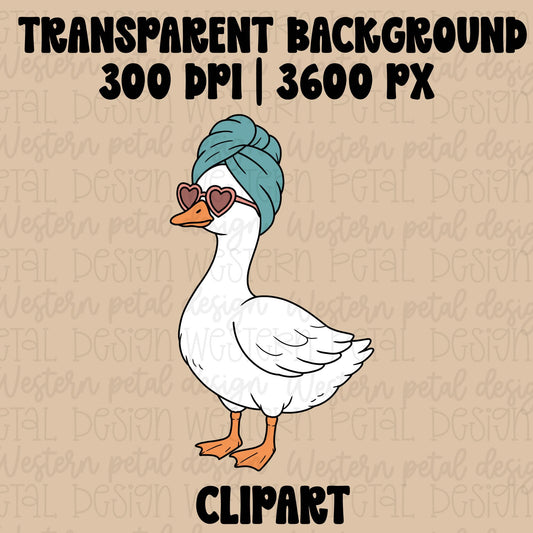 Hand drawn white goose clipart wearing a blue towel wrap and pink heart sunglasses in a trendy girly spa aesthetic style.