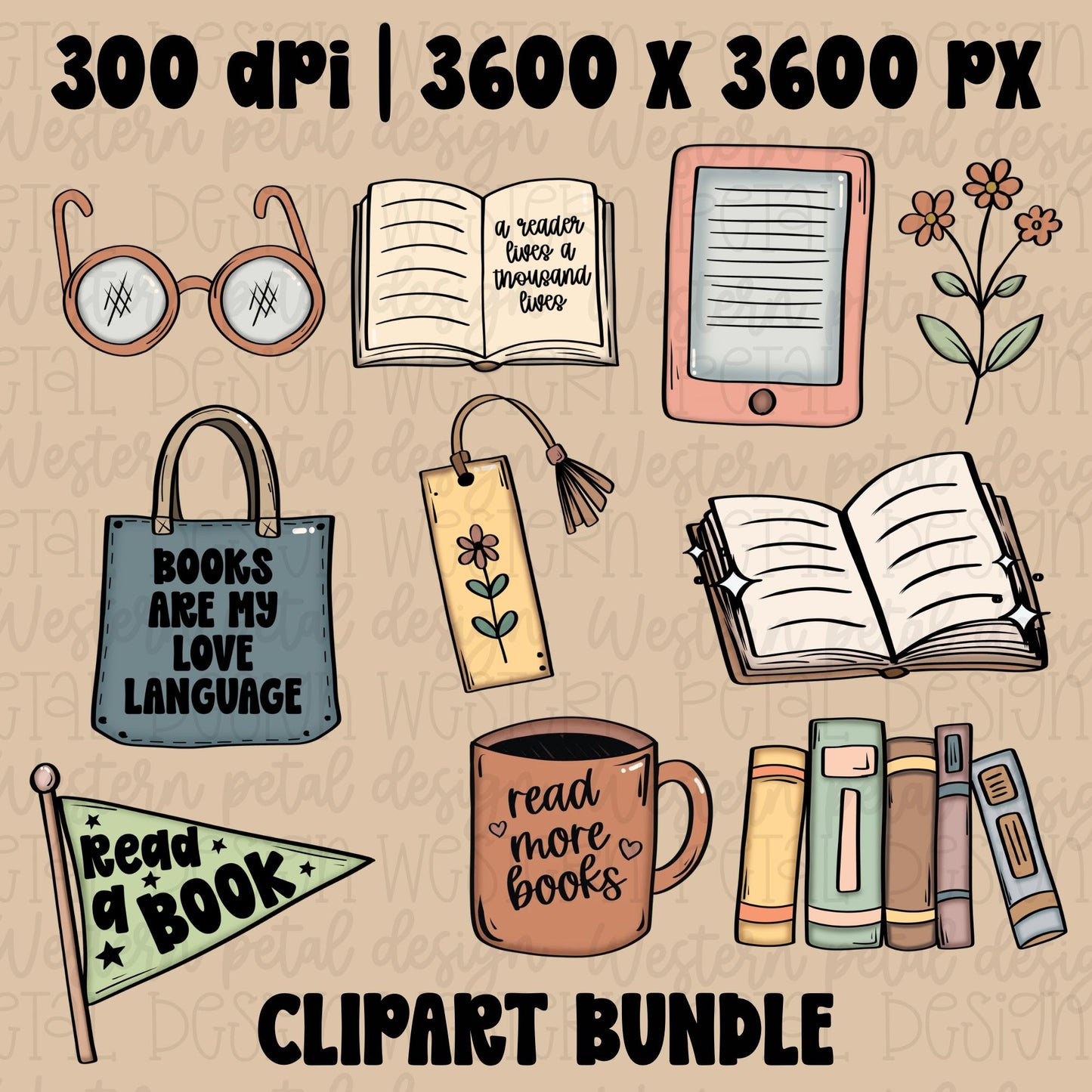Hand drawn book lover clipart bundle with kindle, books, mug, tote bag, bookmark, glasses, flowers, and reading themed graphics in retro pastel colors.