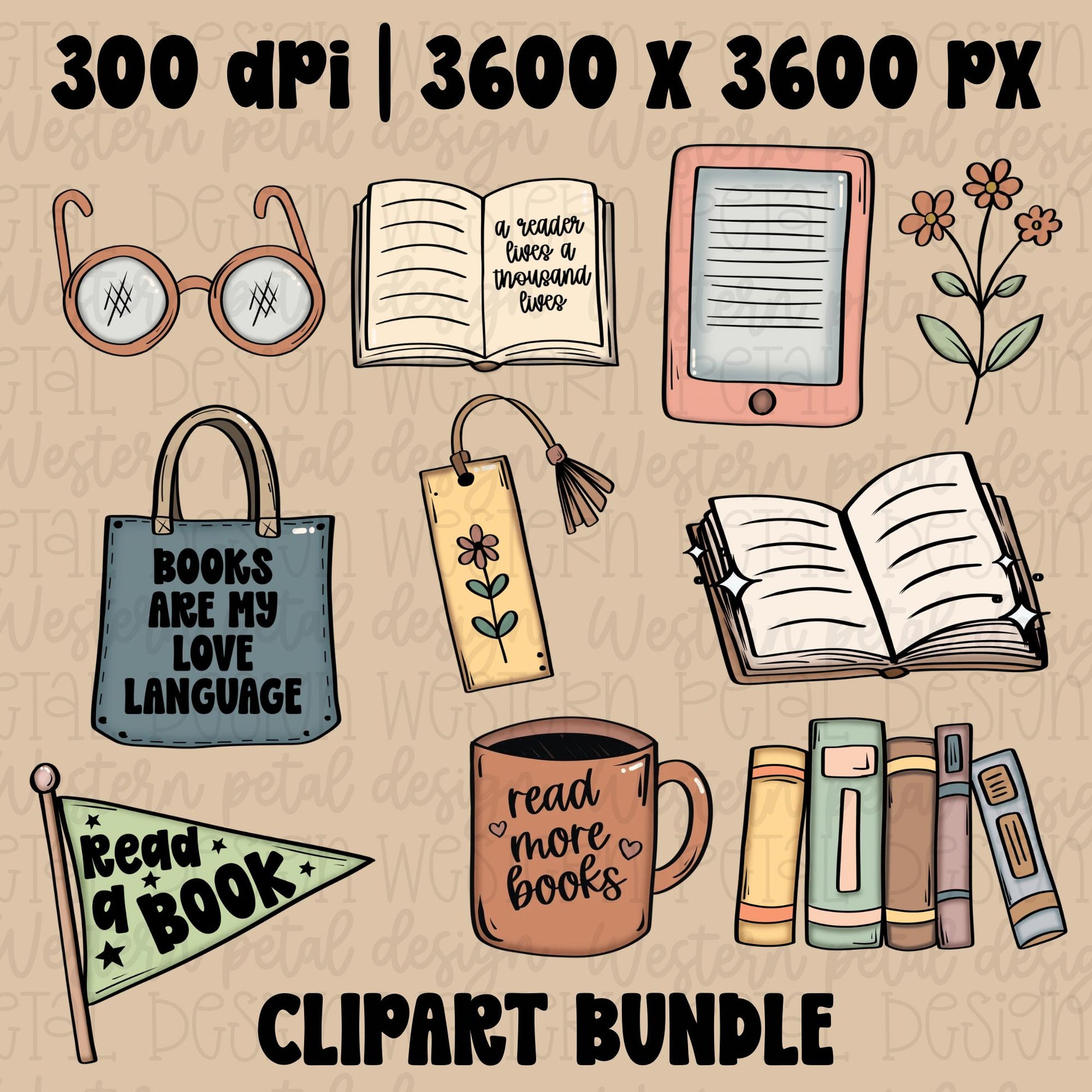 Hand drawn book lover clipart bundle with kindle, books, mug, tote bag, bookmark, glasses, flowers, and reading themed graphics in retro pastel colors.