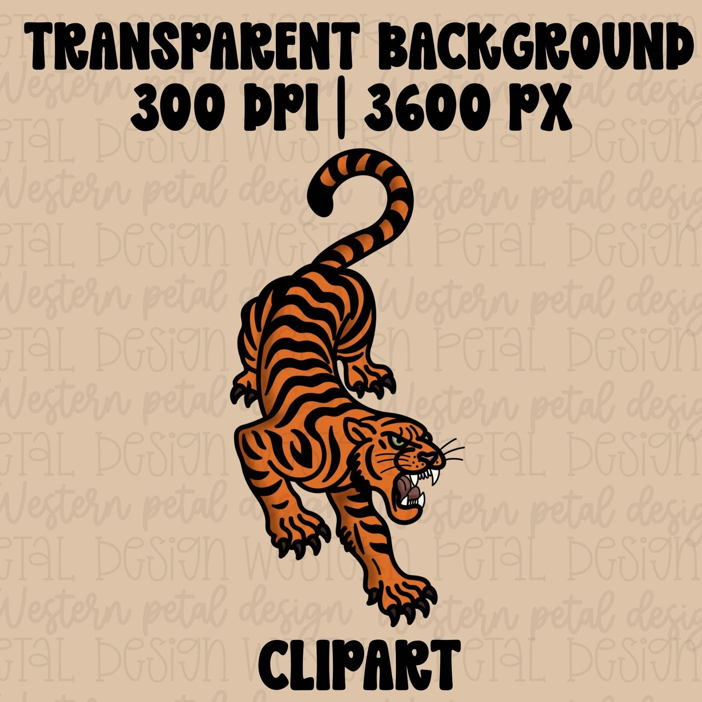 Retro vintage tiger clipart with bold orange and black stripes in a western retro boujee aesthetic on transparent background.