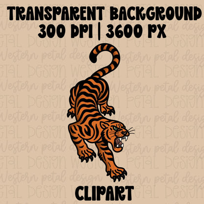Retro vintage tiger clipart with bold orange and black stripes in a western retro boujee aesthetic on transparent background.