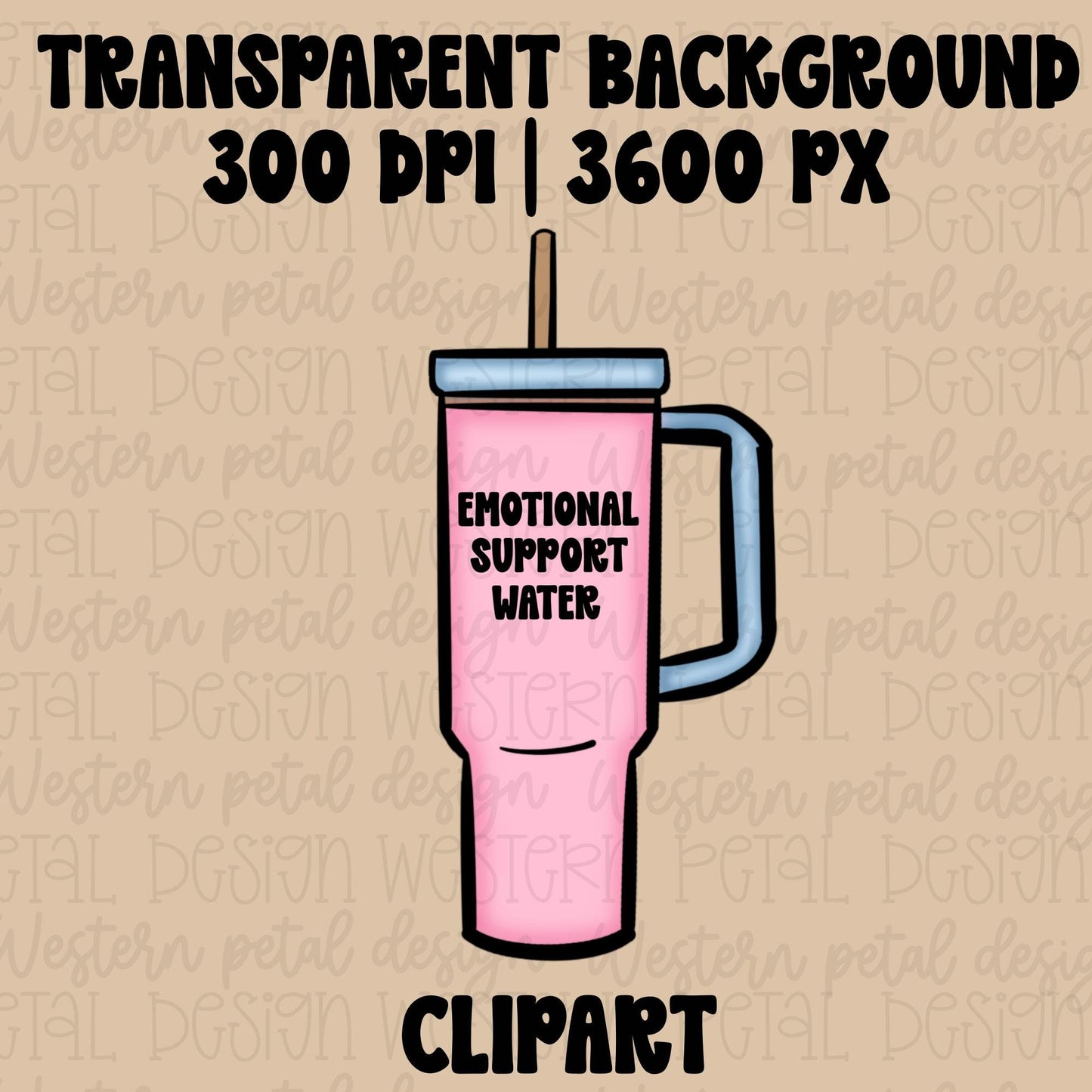 Pink retro tumbler clipart with straw and emotional support water phrase in a trendy boujee aesthetic on transparent background.