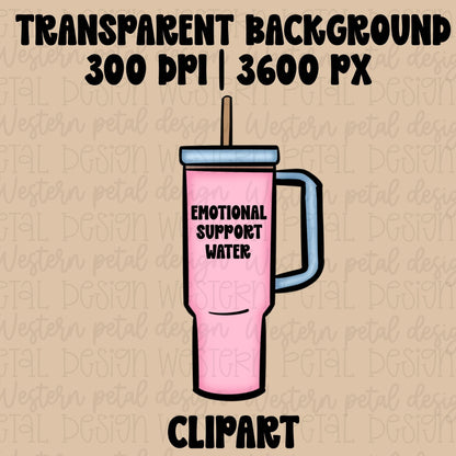 Pink retro tumbler clipart with straw and emotional support water phrase in a trendy boujee aesthetic on transparent background.