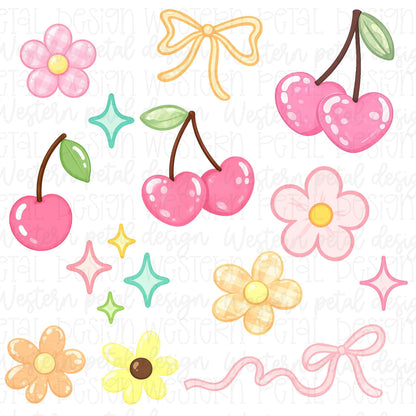 Retro Cherry Bow Clipart Bundle PNG, Cute Coquette Cherry Clipart, Pink Gingham Flower Clipart, Y2K Summer Clipart, Commercial Use PNG