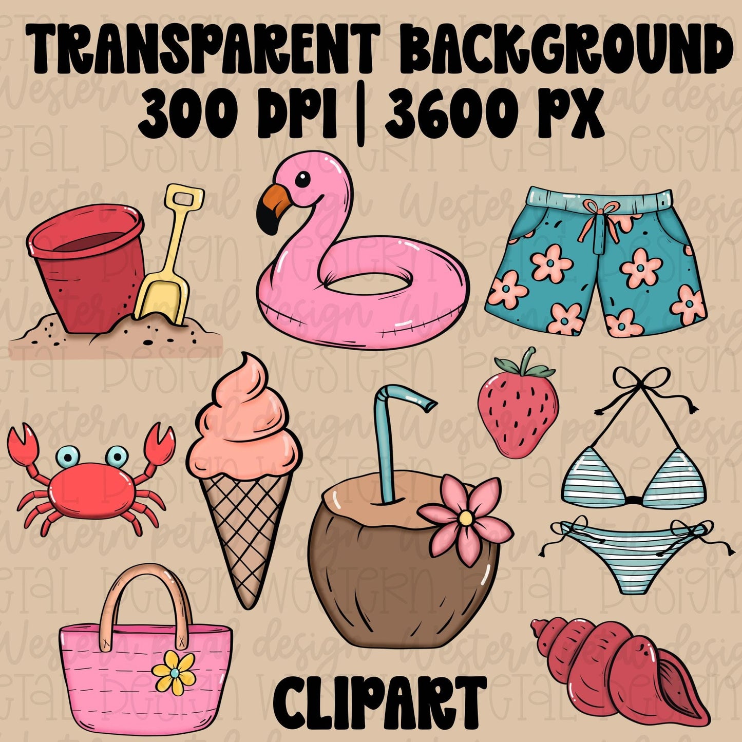 Cute beach themed summer clipart bundle featuring flamingo float, bikini, strawberry, coconut drink, beach bucket, crab, shell, ice cream cone, tote bag, and floral swim trunks in bright tropical colors.