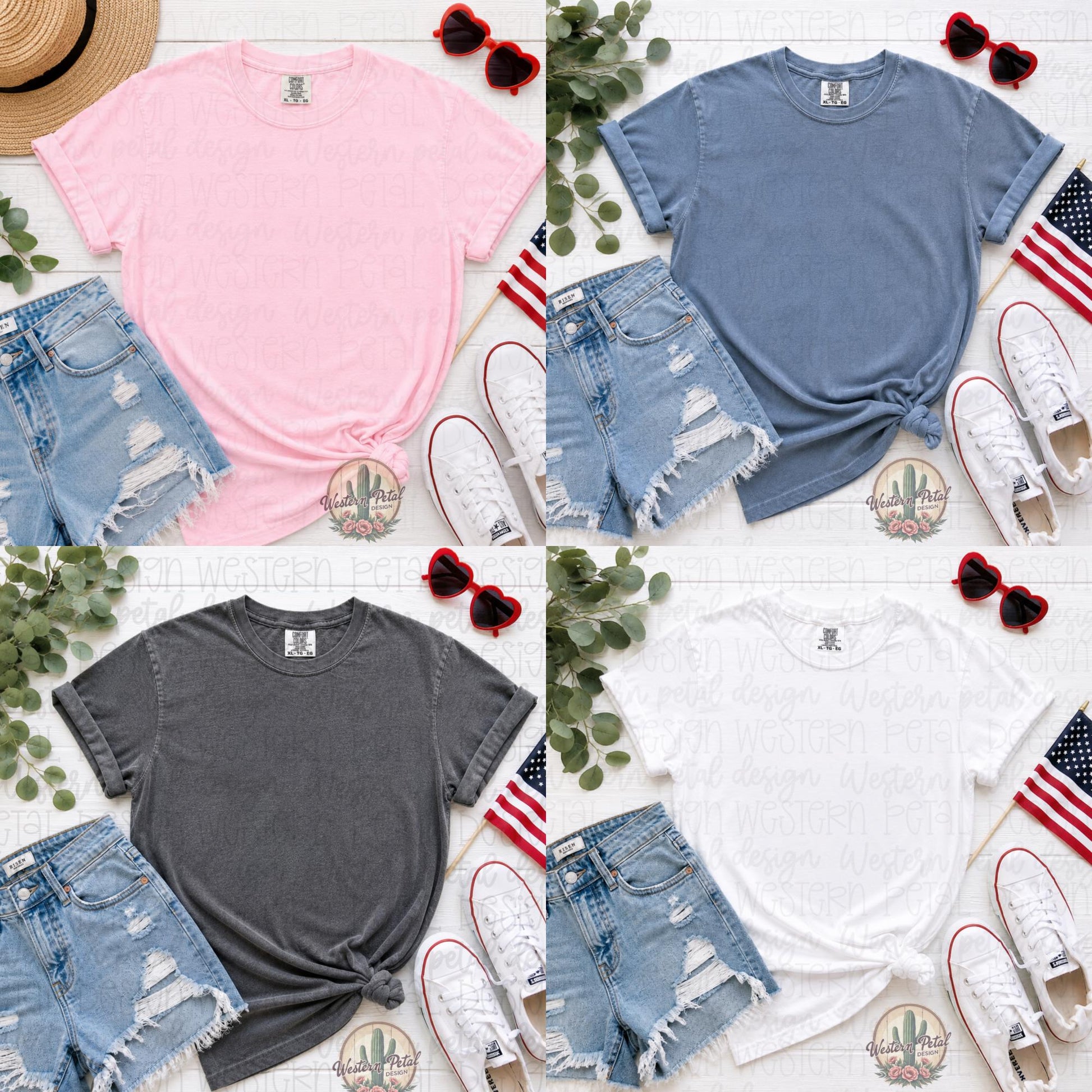 Comfort Colors Mockup Bundle, Patriotic Shirt Mockups, 4th of July Mockup Bundle, Styled Flat Lay Mockups, Pink Pepper Denim White Tee Mock