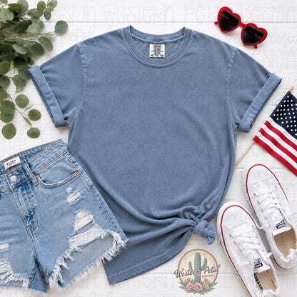 4th of July Comfort Colors Mockup | Washed Denim Blue Mockup | Patriotic T Shirt Mockup | Styled Flat Lay Mockup | Instant Download PNG