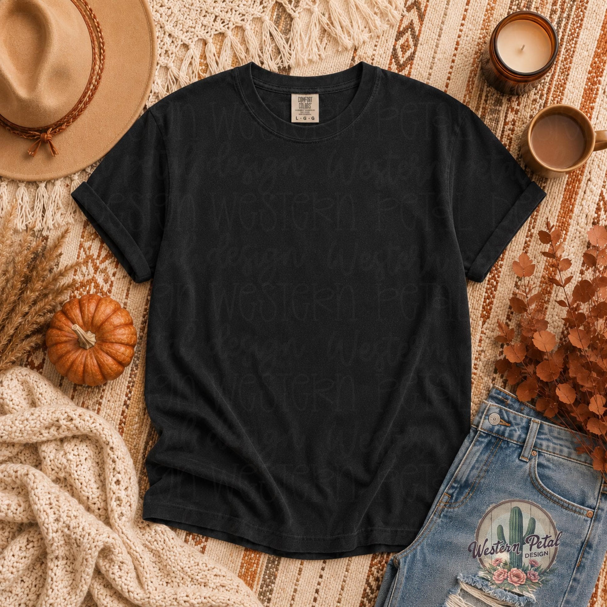 Comfort Colors Black Fall Mockup, Autumn Flat Lay Shirt Mockup, Comfort Colors 1717 Mockup, Cozy Boho Tee Mockup, Fall Shirt Photo