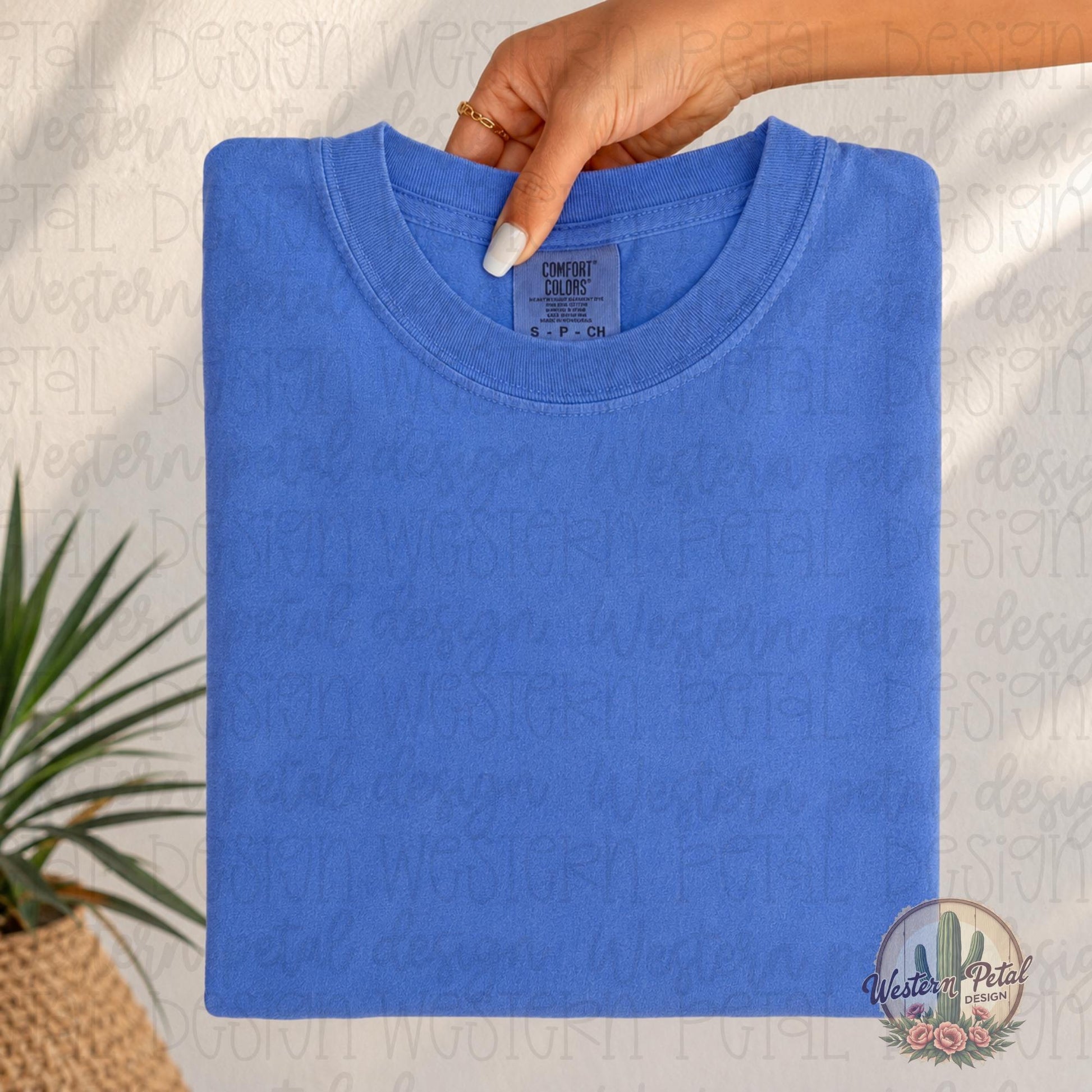 Flo Blue Comfort Colors Mockup PNG | Folded Shirt Mockup | Western Mockup | Hand Holding Tee Mockup | CC1717 Styled Stock Photo