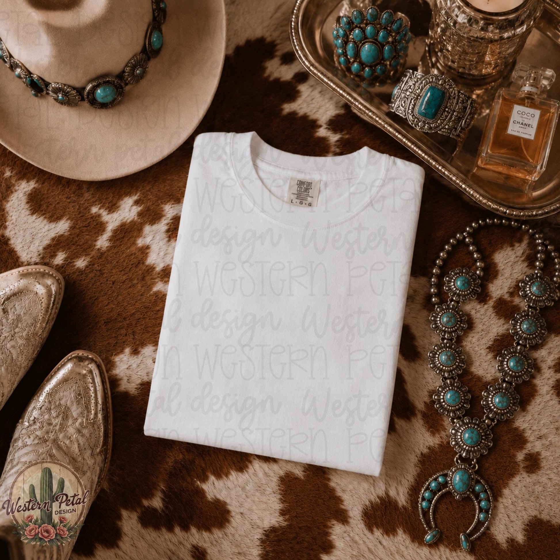 Western Comfort Colors Mockup PNG | White Folded Shirt Mockup | Cowhide Rug Flat Lay | Western Tee Mockup | Boutique Shirt Mockup | Etsy