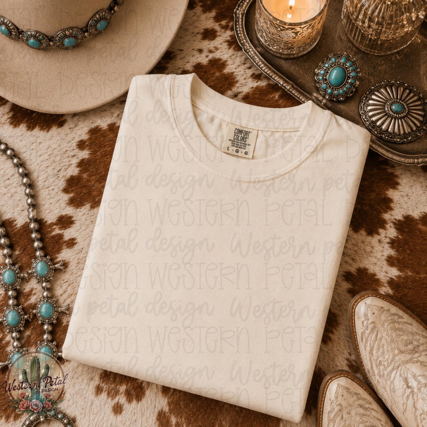 Western Comfort Colors Mockup PNG | Ivory Folded Shirt Mockup | Cowhide Rug Flat Lay | Western Tee Mockup | Boutique Shirt Mockup | Etsy