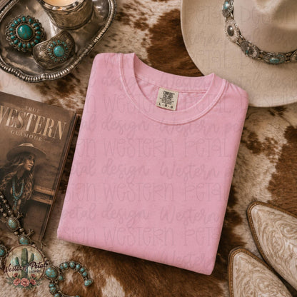 Blossom Comfort Colors Mockup PNG | Western Cowgirl Shirt Mockup | Folded Pink Flat Lay | Boutique | Cowhide Western Mockup | Etsy Mockup