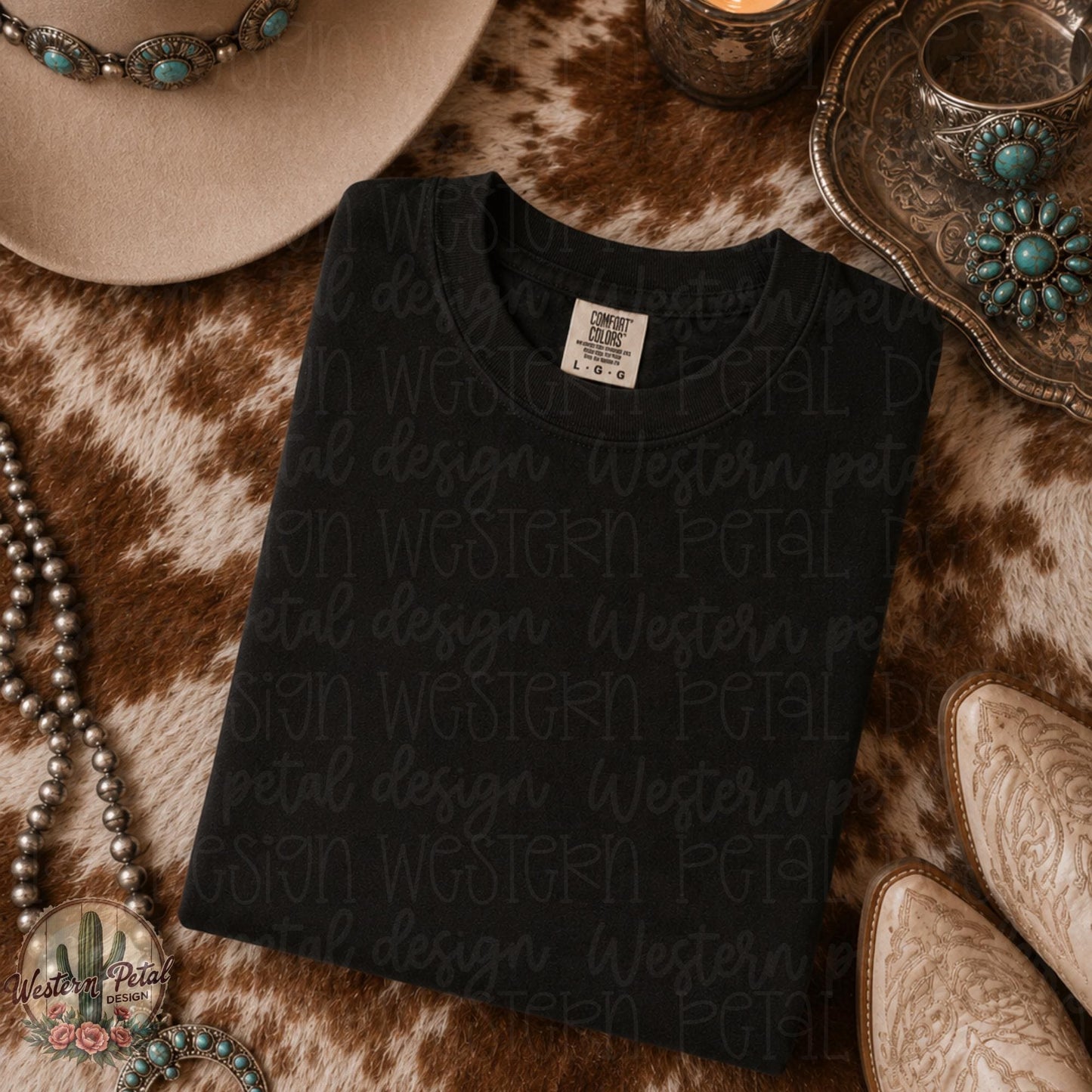 Black Comfort Colors Mockup PNG | Western Cowgirl Shirt Mockup | Folded Black Tee Flat Lay | Boutique Mockup | Cowhide Western Mockup