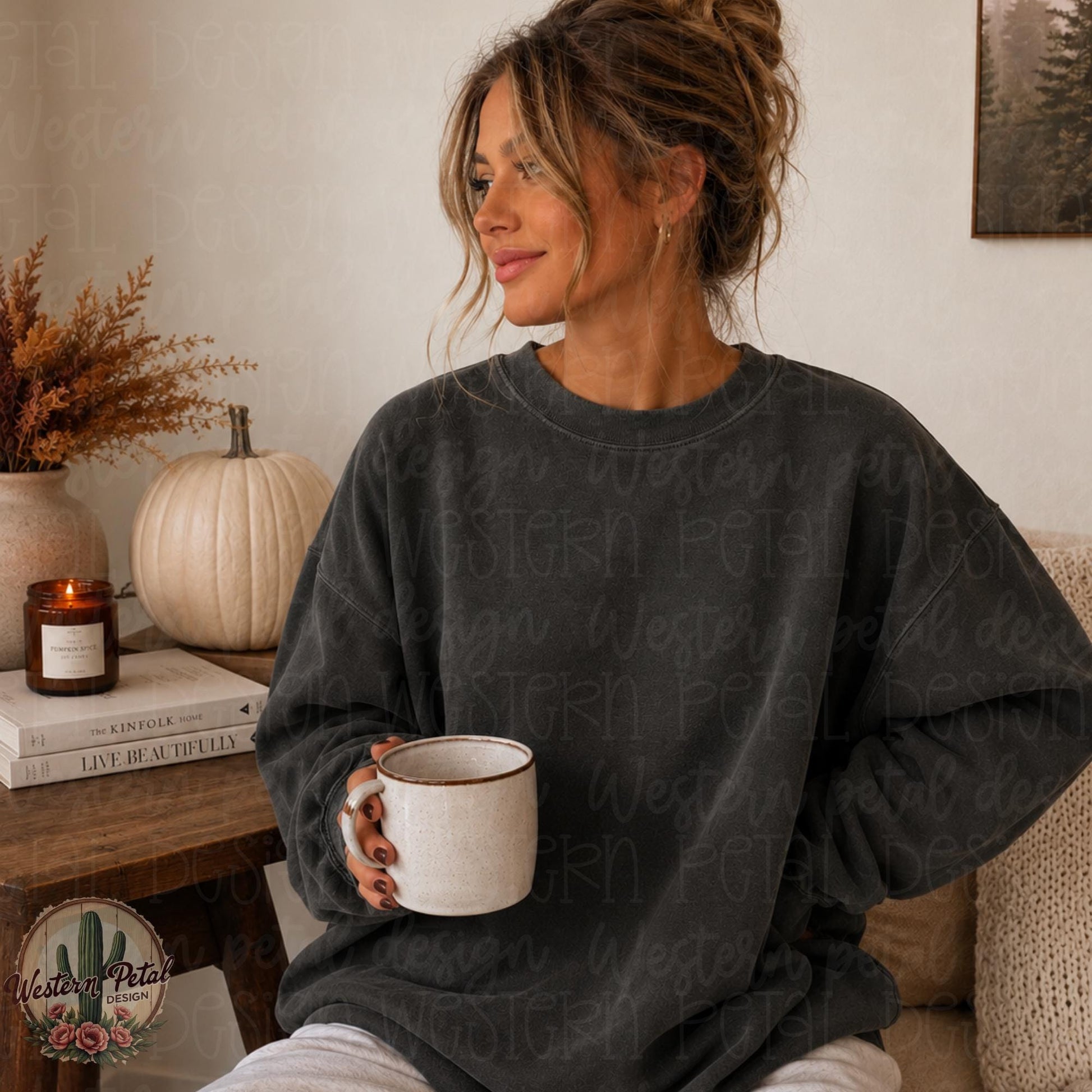 Comfort Colors 1566 Crewneck Mockup | Pepper Sweatshirt Mockup | Cozy Fall Woman Mockup | Neutral Aesthetic PNG