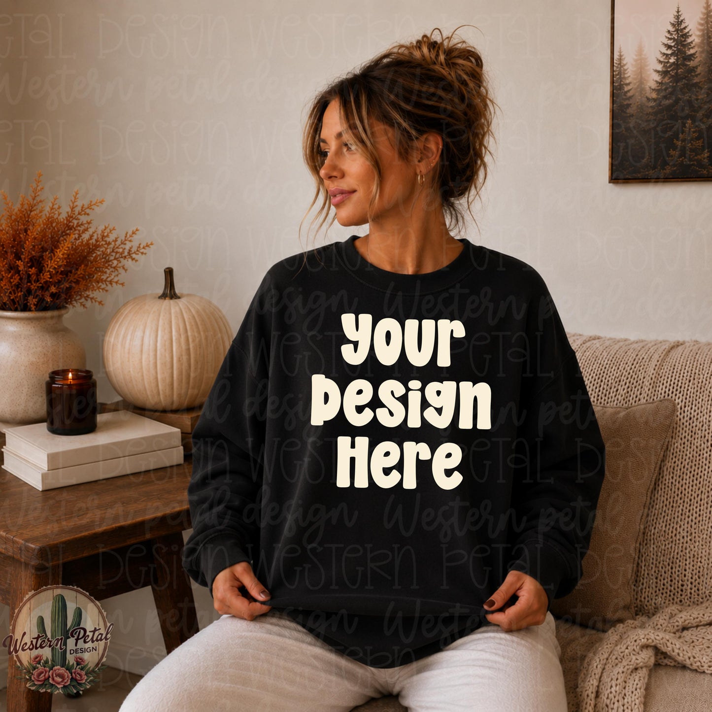 Woman in black Comfort Colors 1566 crewneck sweatshirt sitting in warm cozy neutral fall room.