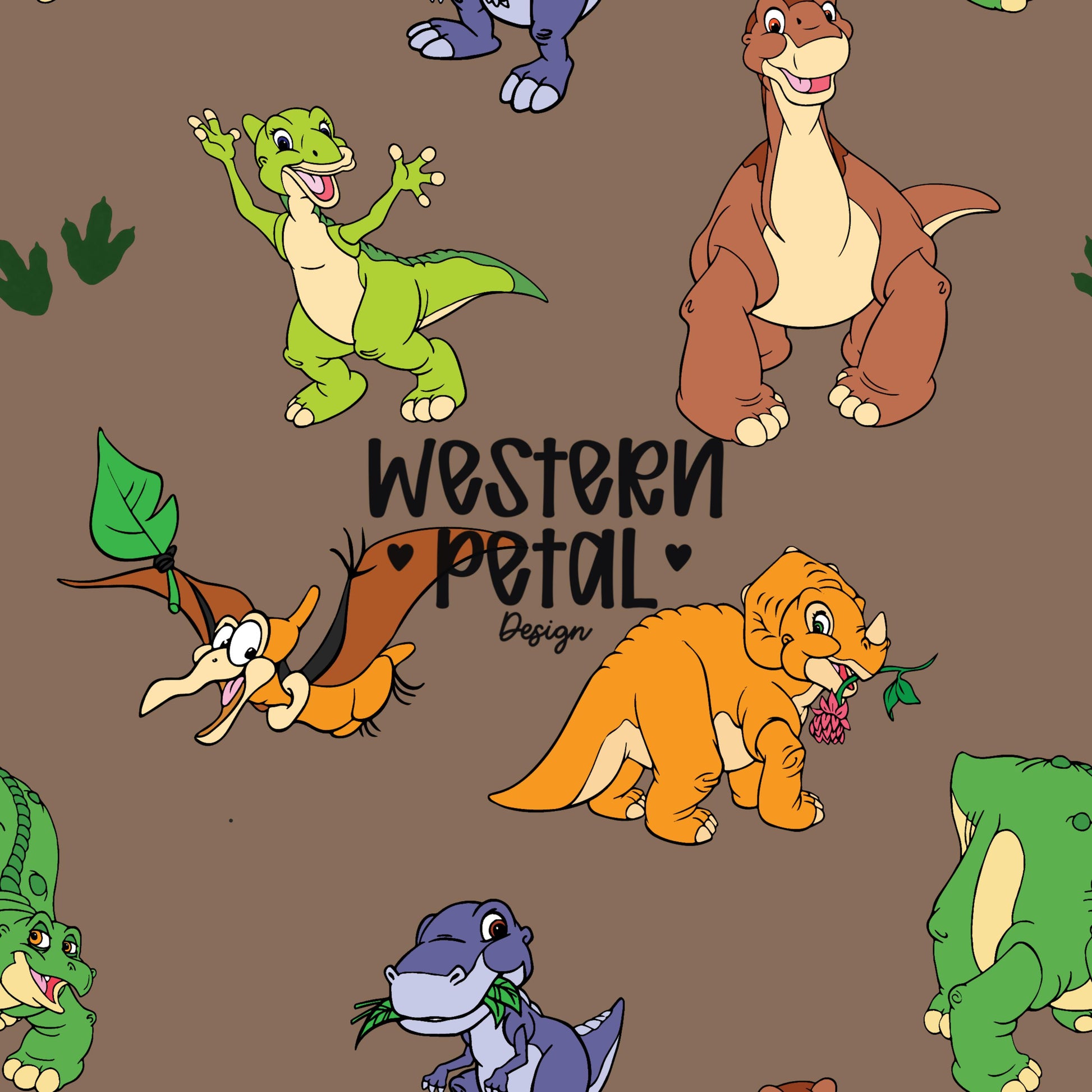 Cute LBT dinosaurs seamless pattern featuring colorful cartoon dinos on a warm brown background with dinosaur tracks and leafy accents.