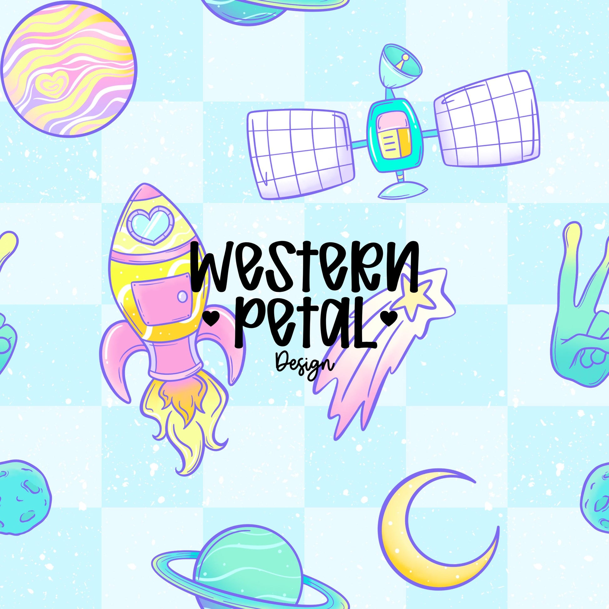 Pastel alien space seamless pattern featuring rockets, planets, moons, satellites, cute aliens, and shooting stars on a light blue checkerboard background.