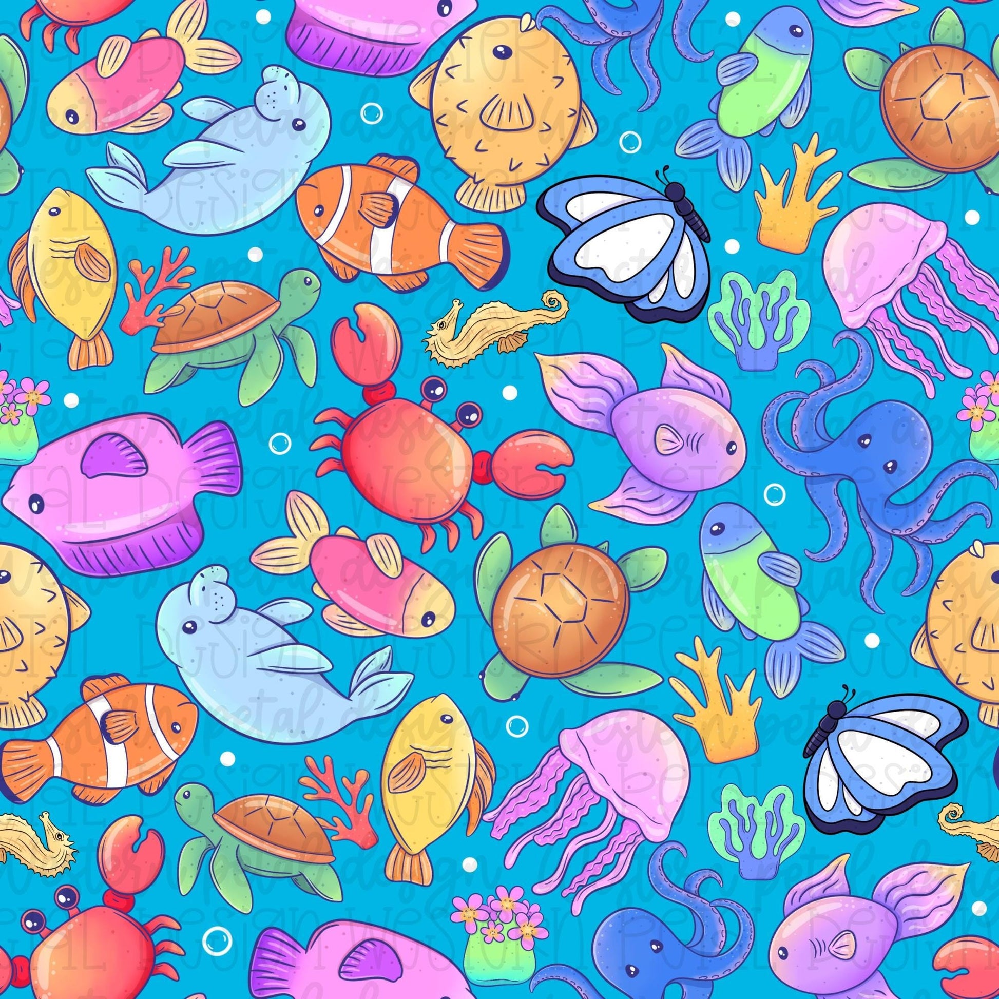 Colorful ocean animals seamless pattern featuring fish, turtles, dolphins, octopus, jellyfish, crab, coral, and sea creatures on a bright blue background.