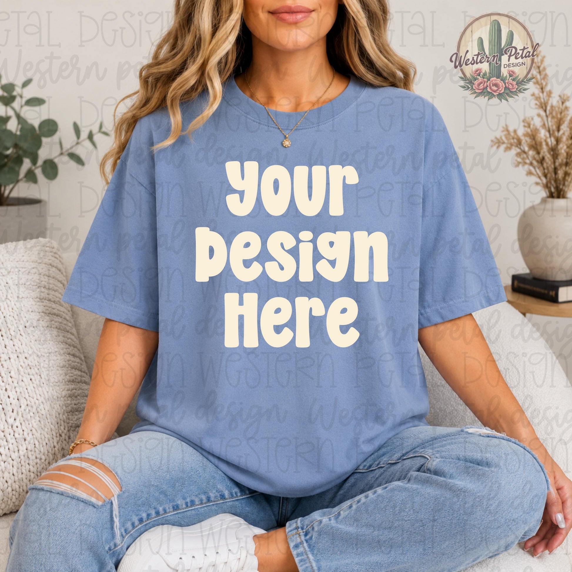 Comfort Colors Blue Denim Mockup, Comfort Colors 1717 Shirt Mockup, Boho T Shirt Mockup, Blue Tee Mockup, Aesthetic Woman Mockup