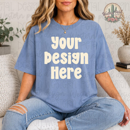 Comfort Colors Blue Denim Mockup, Comfort Colors 1717 Shirt Mockup, Boho T Shirt Mockup, Blue Tee Mockup, Aesthetic Woman Mockup