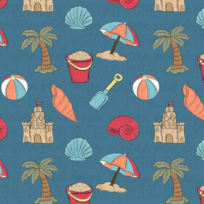 Blue Beach Seamless Pattern PNG | Coastal Summer Digital Paper | Cute Beach Seamless Background | Palm Tree Sandcastle Summer Pattern