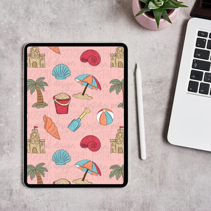 Pink Beach Seamless Pattern PNG | Coastal Summer Digital Paper | Cute Beach Seamless Background | Palm Tree Sandcastle Summer Pattern