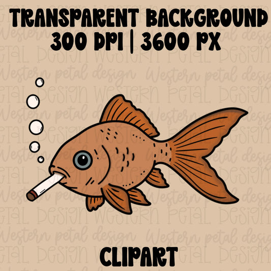 Hand drawn orange fish clipart smoking a cigarette with bubbles, funny cartoon fish PNG illustration with bold outlines and flat colors.